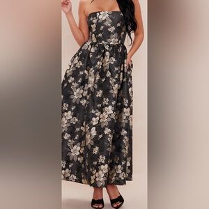 Strapless Black Floral Jacquard Evening Gown